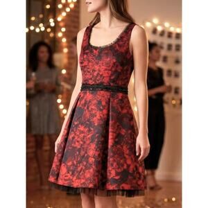 Floral Fit Flare Dress Princess Vera Wang Black Red Jr 7 NWOT